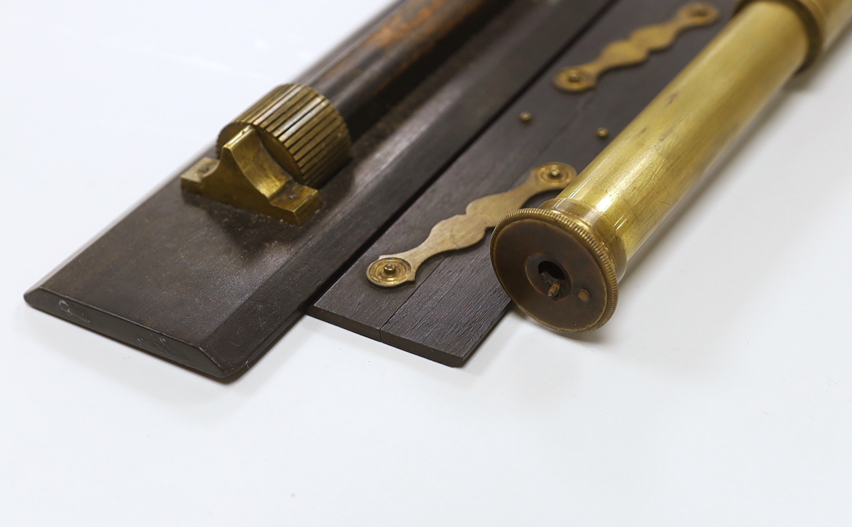 A ruler by B.J. Hall, two others and a three draw telescope, telescope 42 cms fully drawn